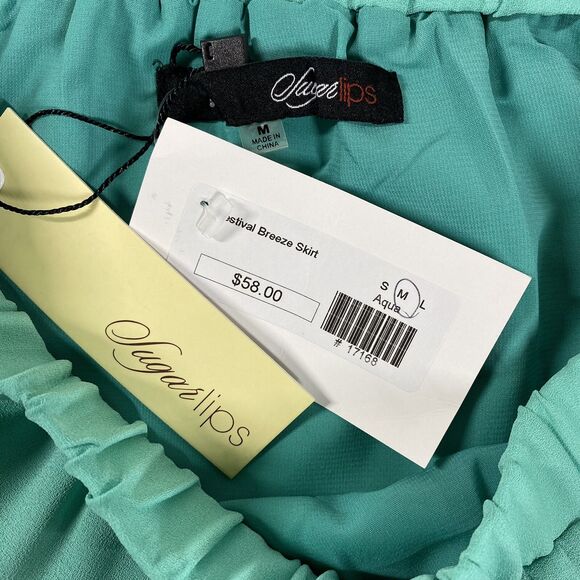 Sugar Lips Festival Breeze Skirt Aqua Color Fringe High Low Stretch NEW Size M - Picture 6 of 11